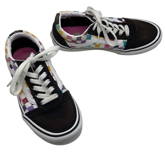 Vans Black Canvas Low Top Shoes Rainbow Checkerboard Size 2.5 - Picture 1 of 11